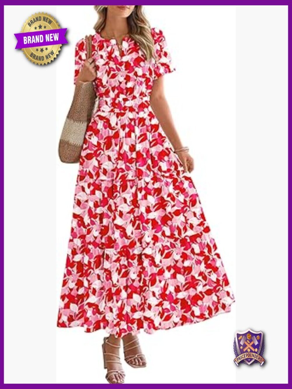 Womens Floral Maxi Dress V Neck Short Sleeve Boho Casual Flowy Wedding Guest